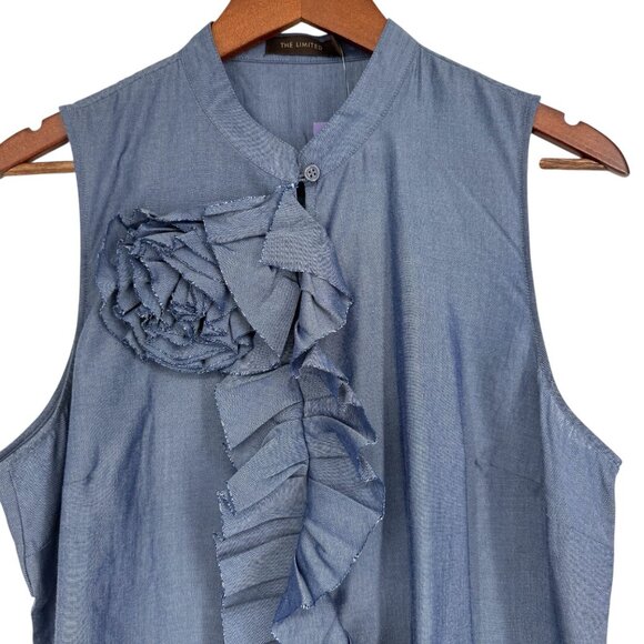 The Limited L Blue Sleeveless Blouse Button Ruffle Front Fabric Flower Shirt NWT - Picture 13 of 16